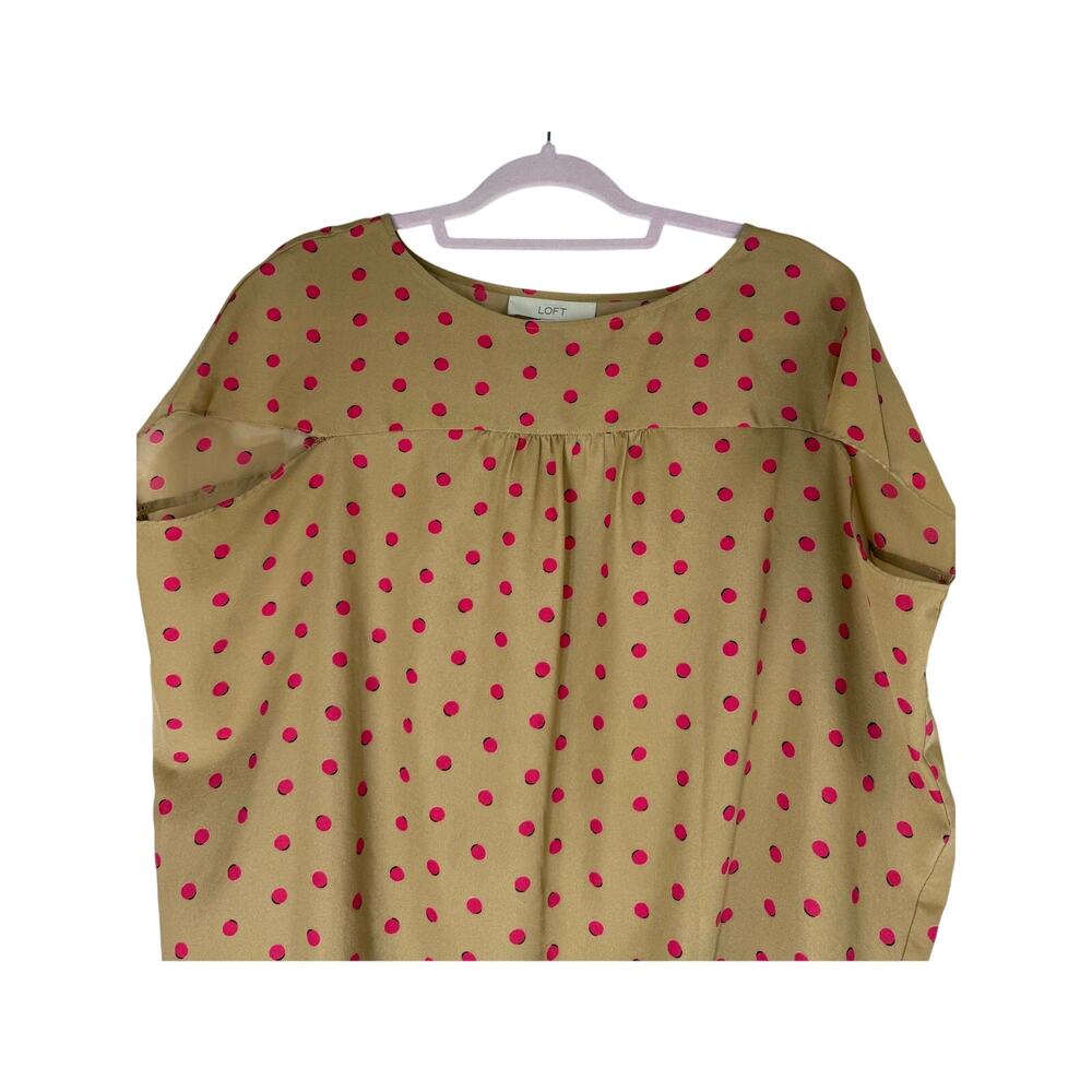 Loft Tan & Pink Polka Dots Short Cap Sleeve Oversized Silky Blouse Top Size S - Picture 3 of 10